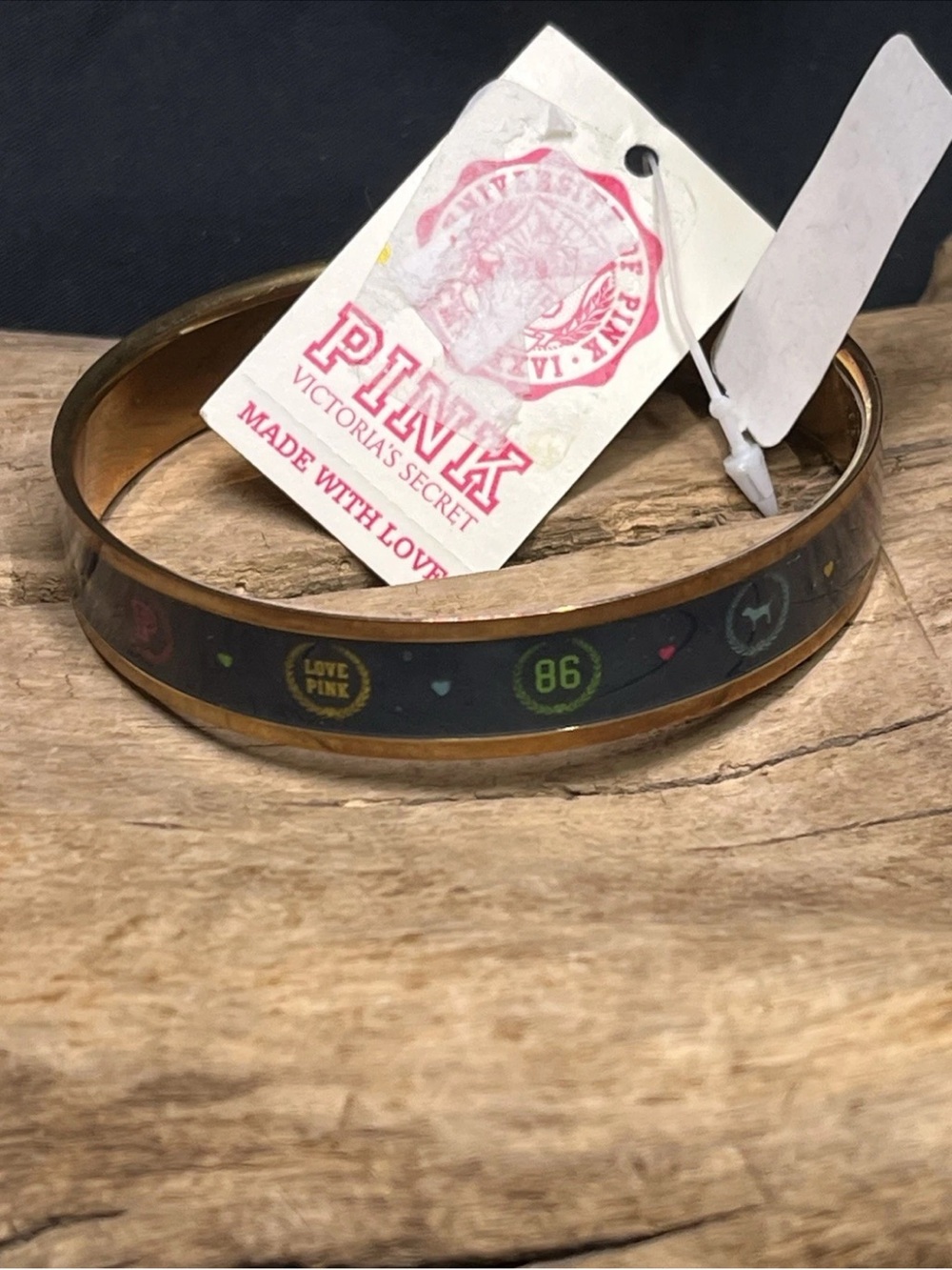 Vintage Victoria's Secret PINK Blue and Gold Tone Logo Bangle Bracelet Y2K